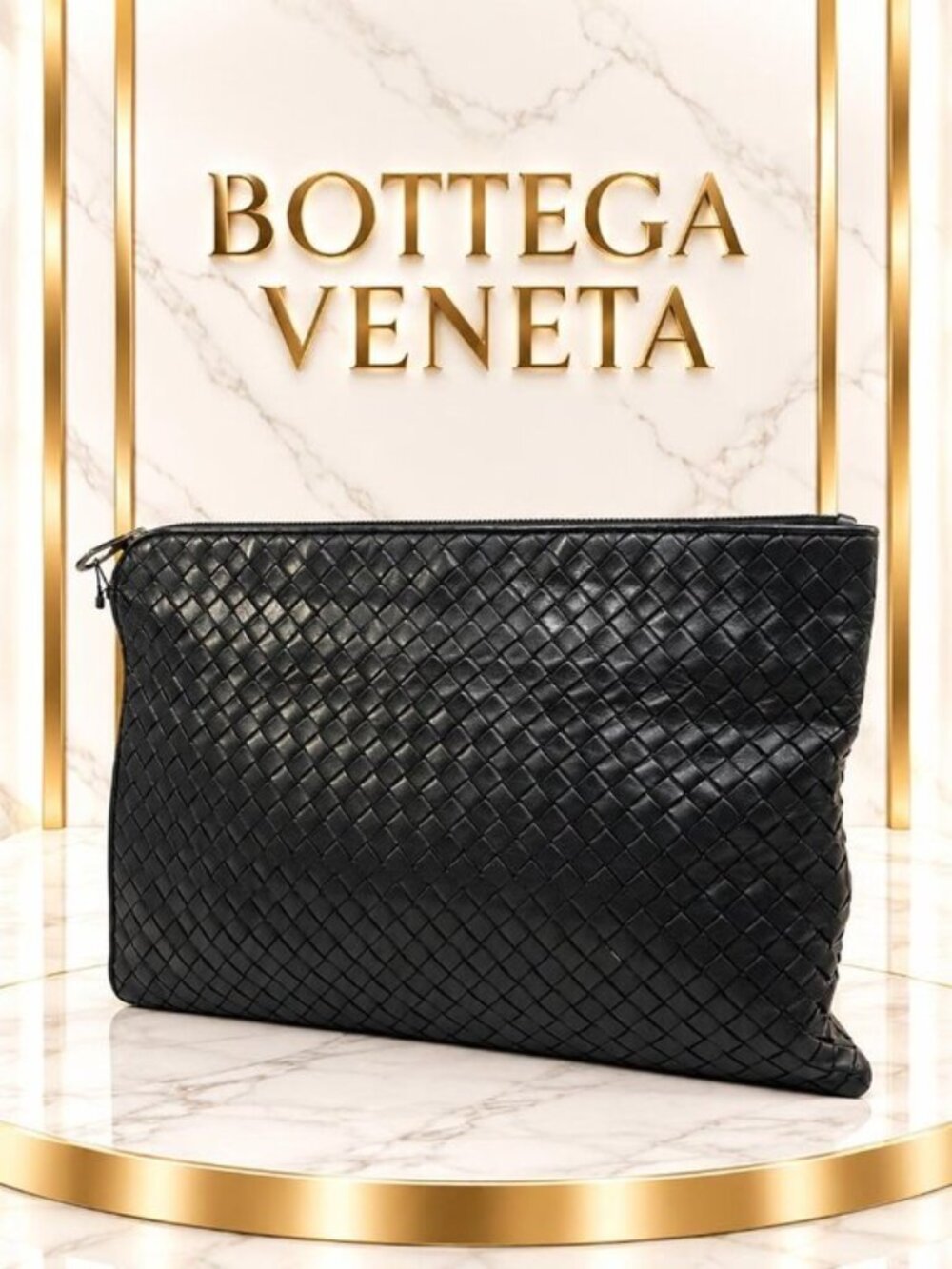 Authentic Bottega Veneta Intrecciato Black Leather Large Clutch Pouch Luxury Bag